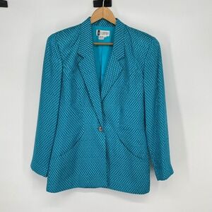 Vintage SK & Company Teal Blue Patterned Silk Blazer Jacket Size 6 Retro Artsy‎